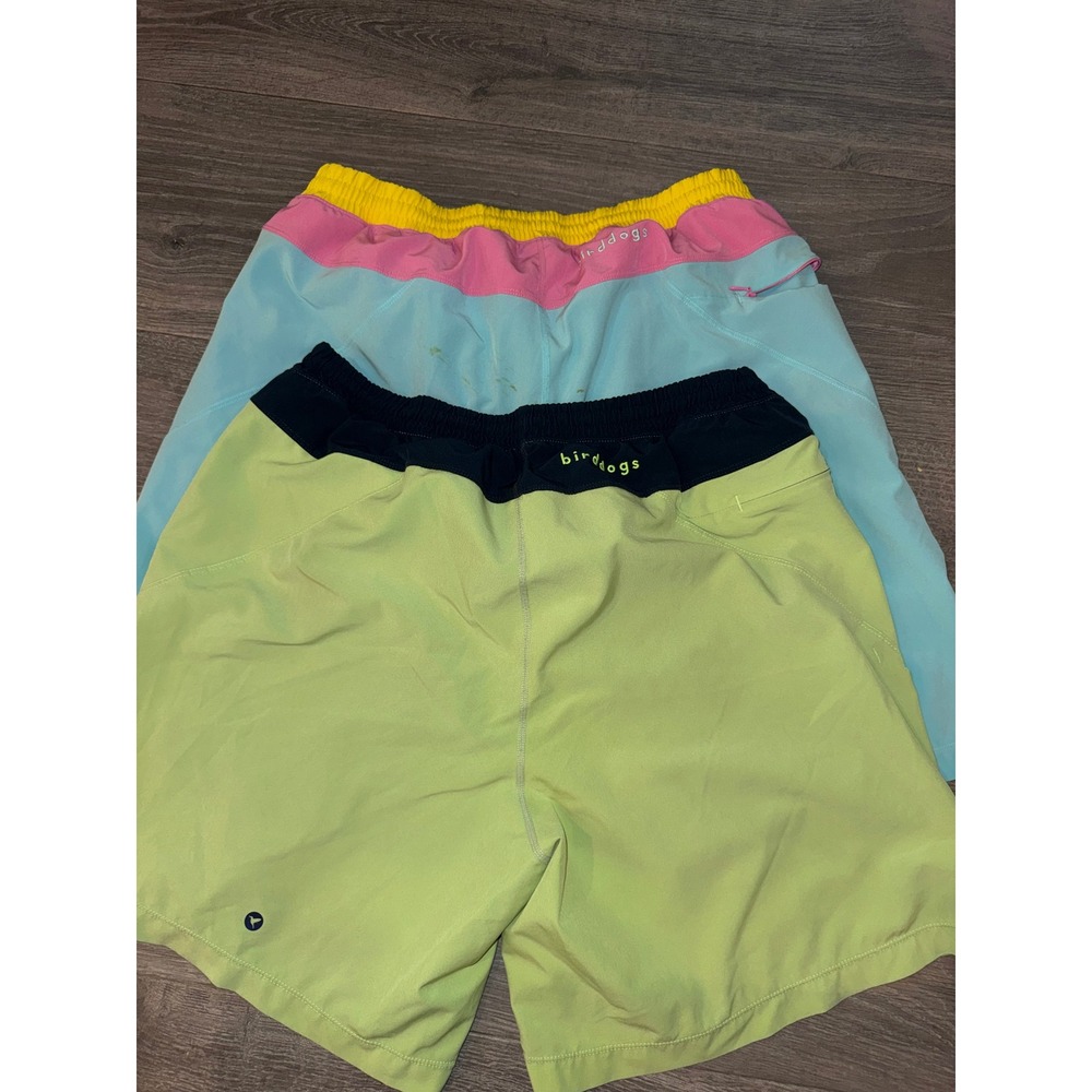 Birddogs Mens Gym Shorts Lot 2 Pairs Lime Green Navy Blue Pink Yellow Liner